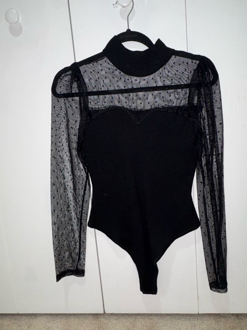 Sheer Dot Mesh Mock Neck Black Bodysuit - Picture 3 of 3